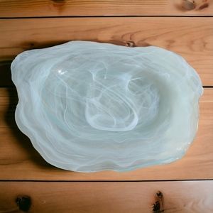 Vintage handmade footed baby blue white swirl bowl /platter. 17.5 x 17 x 2 high